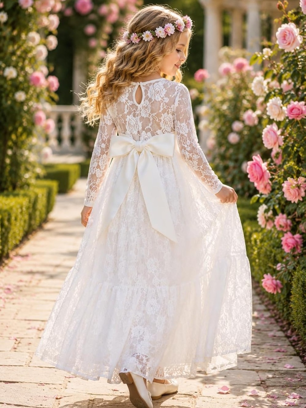 Size 6/7 like new Girls White Lace Maxi Dress & flower headband - Picture 2 of 3